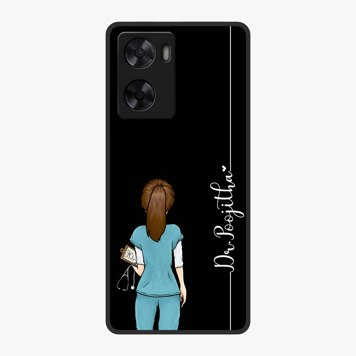 Doctor Pattern Custom Name Glass Case showing flat back view with medical themed pattern and personalized name design.