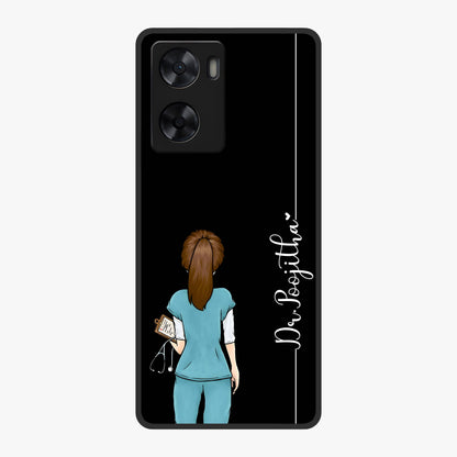 Doctor Pattern Custom Name Glass Case showing flat back view with medical themed pattern and personalized name design.