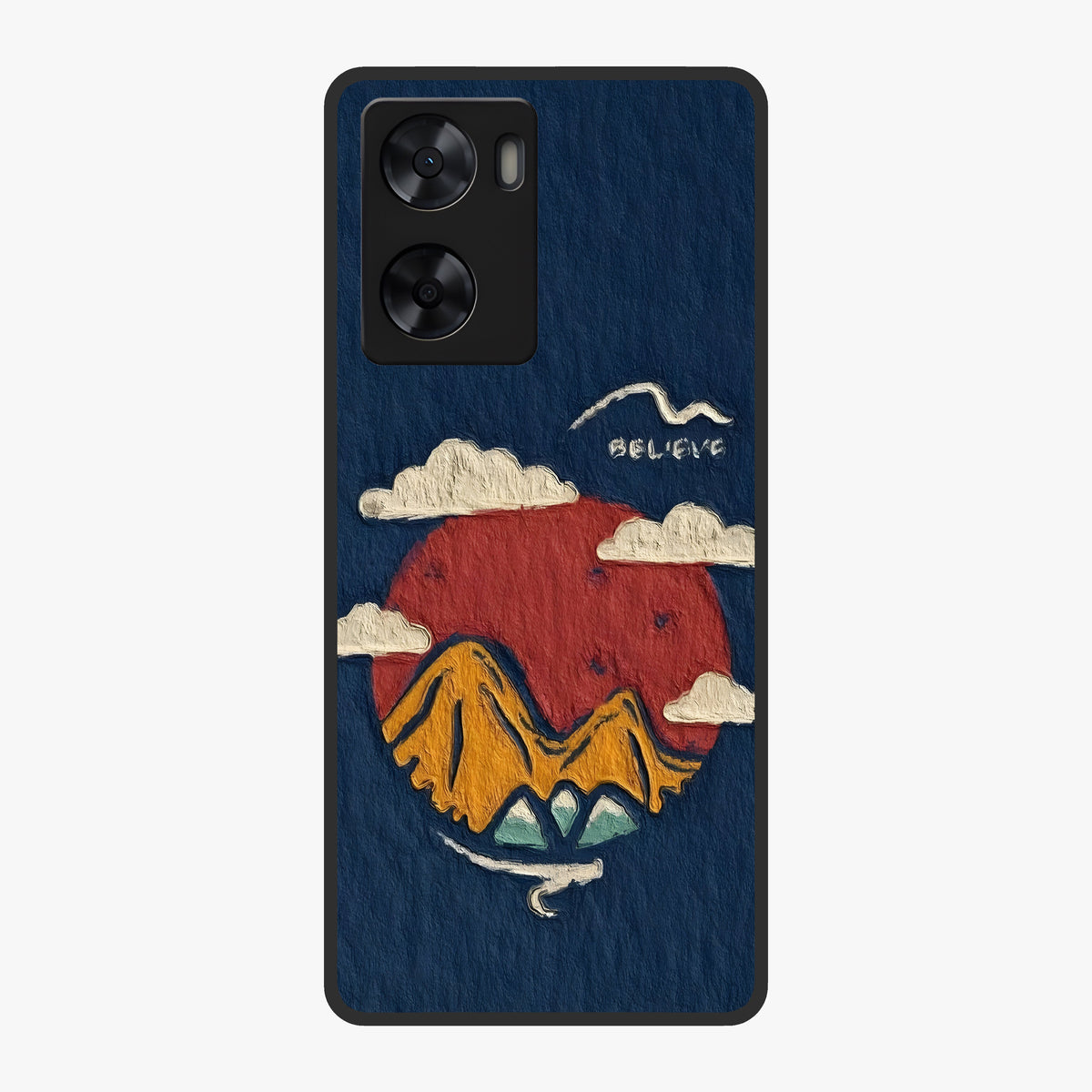 Dream Beyond Mountains Glass Case showing flat back view with scenic mountain landscape artwork and glossy glass finish.