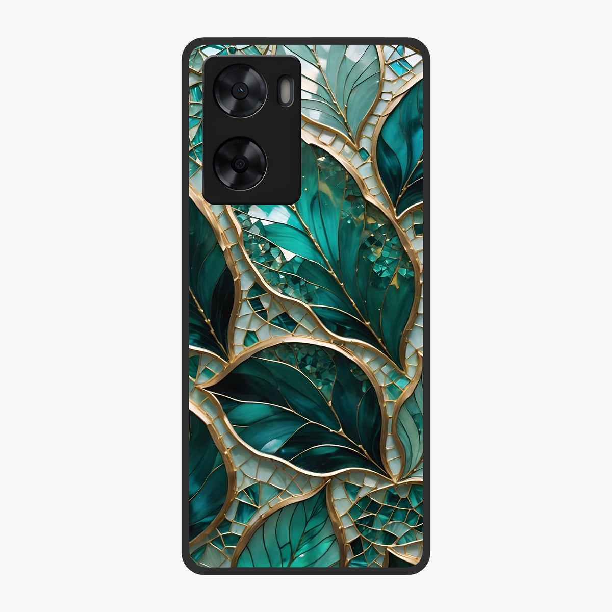 Emerald Leaf Glass Glass Case showing flat back view with emerald green leaf artwork and glossy glass finish.