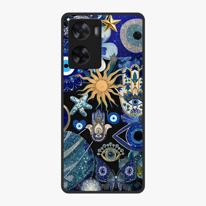 Evil Eye Charm Mix Glass Case showing flat back view with multiple evil eye charms artwork and glossy glass finish.