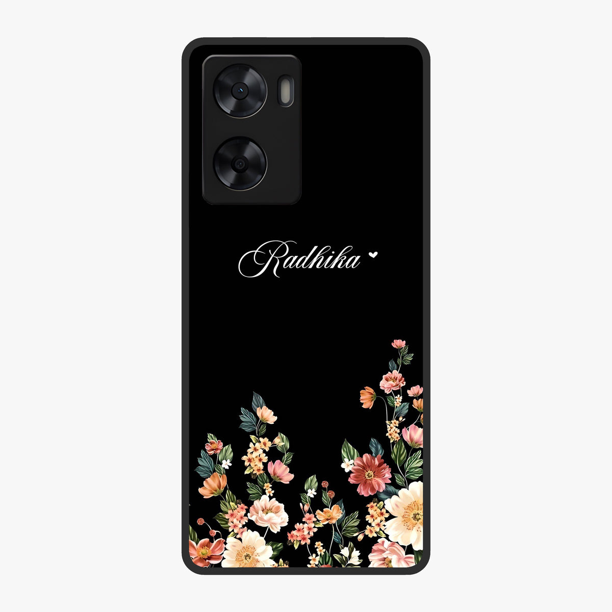 Floral Design With a Custom Personalized Name Glass Case showing flat back view with floral artwork and personalized name design.