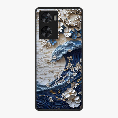 Floral Wave Origami Glass Case showing flat back view with origami inspired floral wave artwork and glossy glass finish.