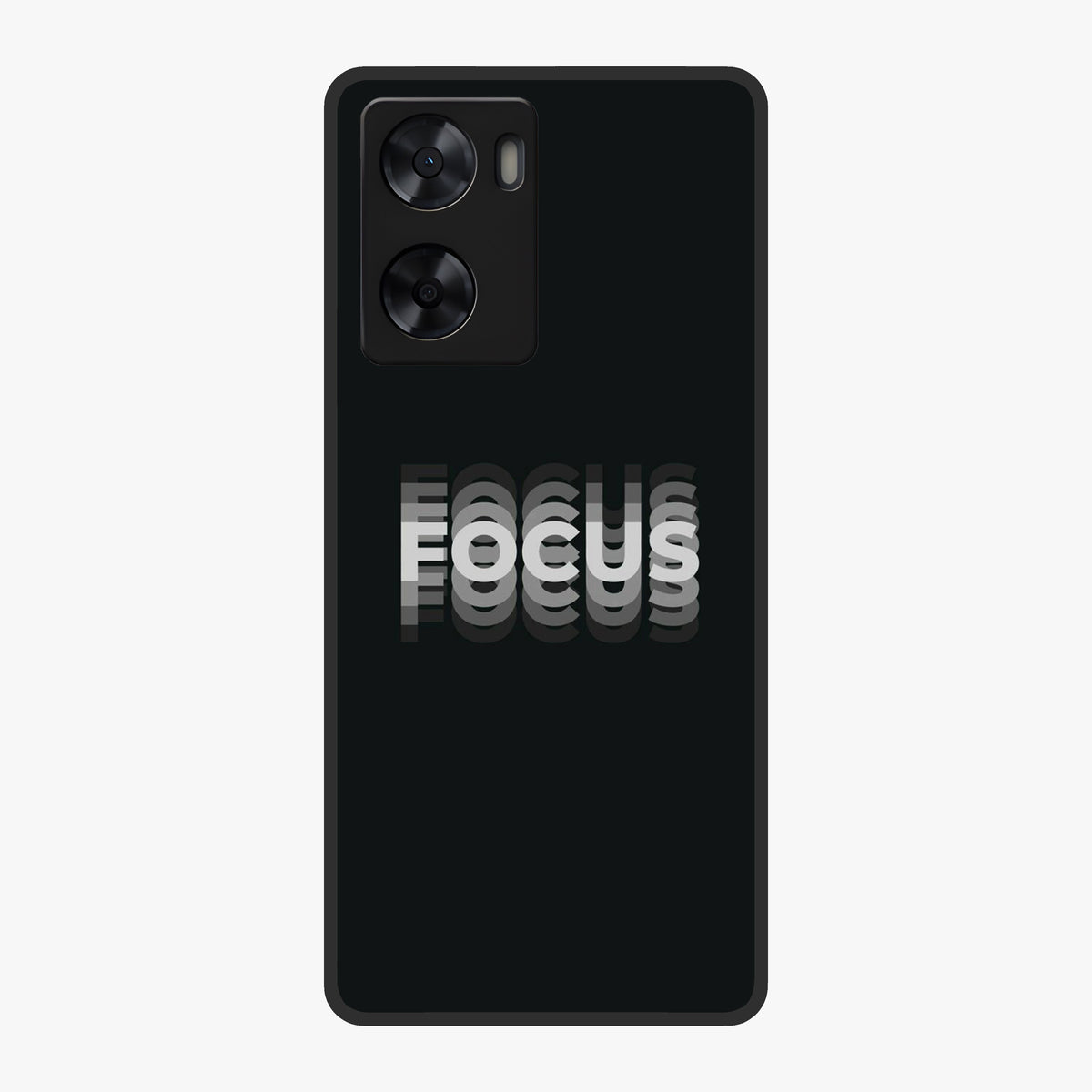 Focus Mode On Glass Case showing flat back view with bold motivational typography design and glossy glass finish.