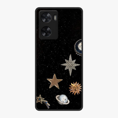 Galactic Charm Glow Glass Case showing flat back view with glowing celestial charm artwork and glossy glass finish.