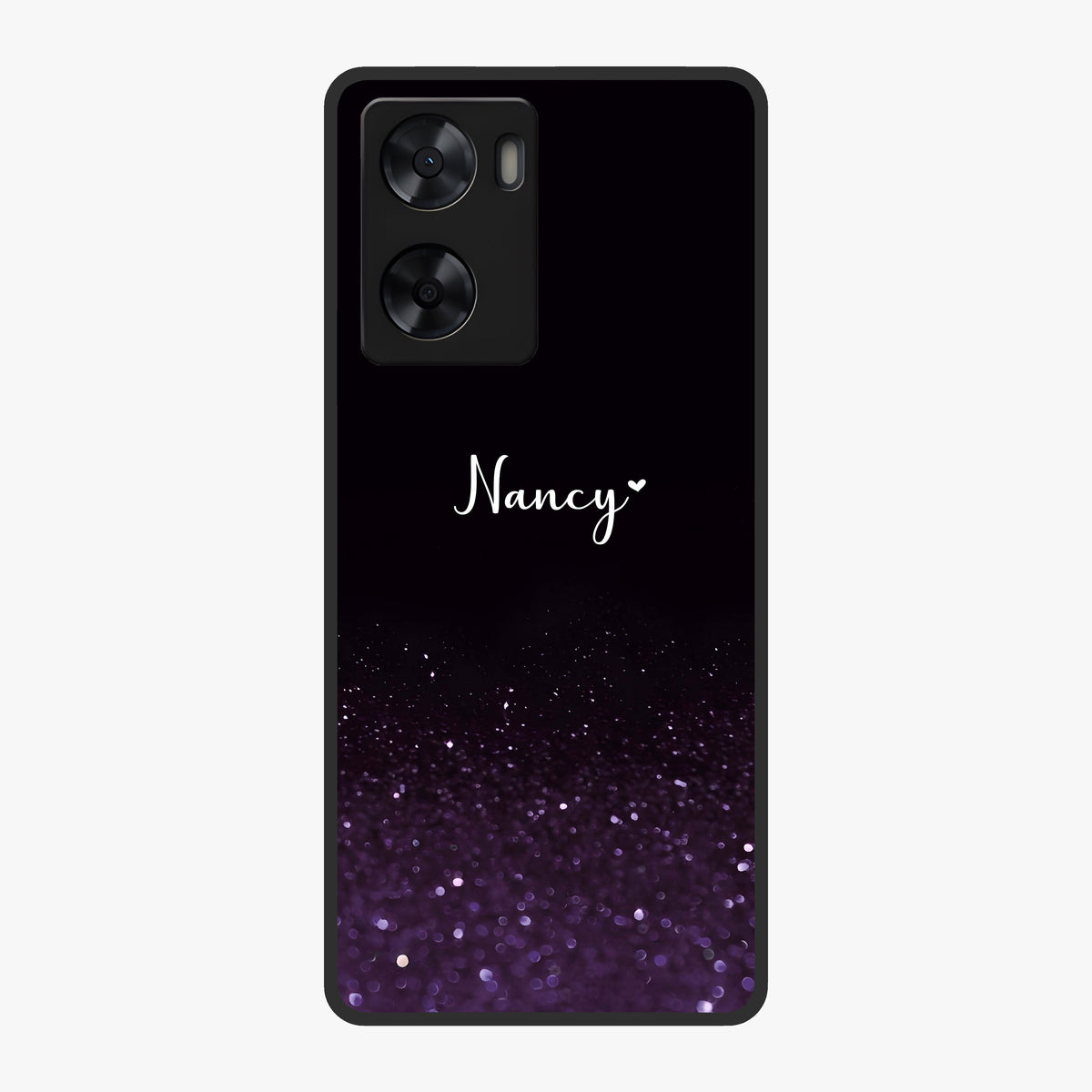 Glittery Purple Bokeh Custom Name Glass Case showing flat back view with purple bokeh sparkle artwork and personalized name design.