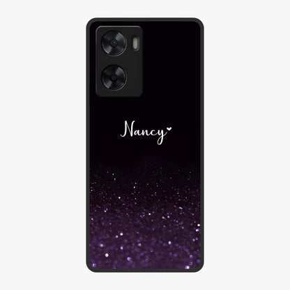 Glittery Purple Bokeh Custom Name Glass Case showing flat back view with purple bokeh sparkle artwork and personalized name design.