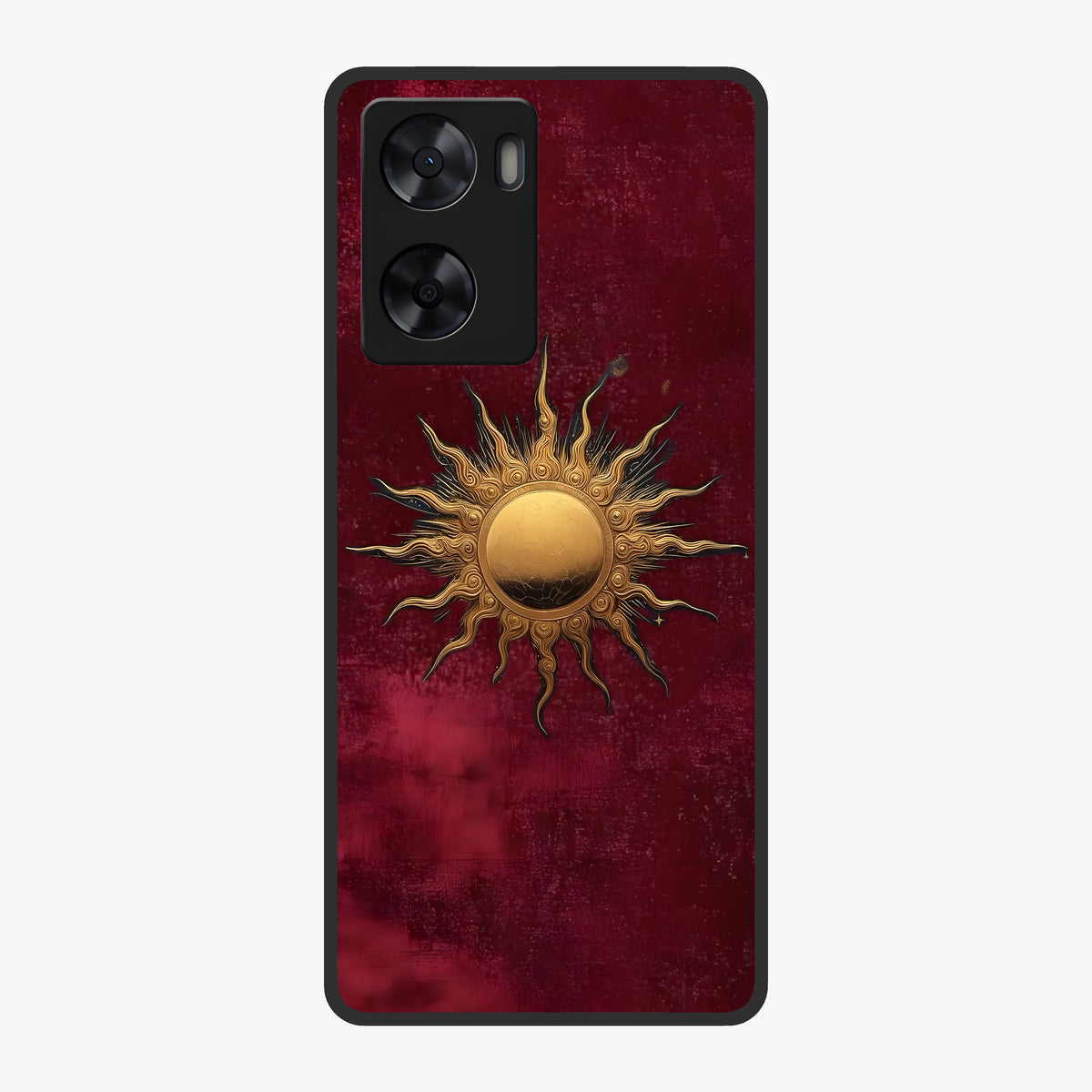 Gold Sun Blush Glass Case showing flat back view with golden sun inspired artwork and glossy glass finish.