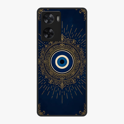 Golden Evil Eye Mandala Glass Case showing flat back view with intricate evil eye mandala artwork and glossy glass finish.