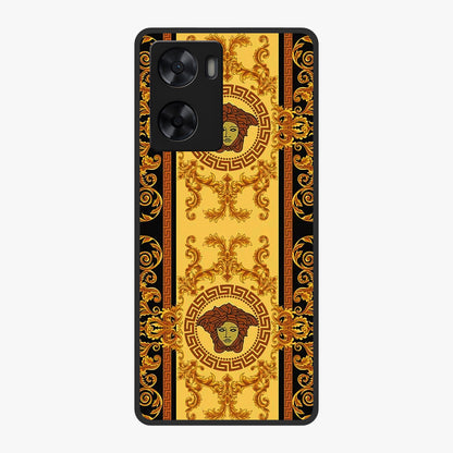 Golden Royal Heritage Glass Case showing flat back view with ornate royal pattern artwork and glossy glass finish.