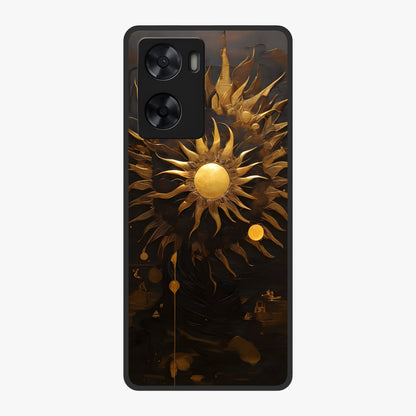 Golden Sun Majesty Glass Case showing flat back view with radiant golden sun artwork and glossy glass finish.