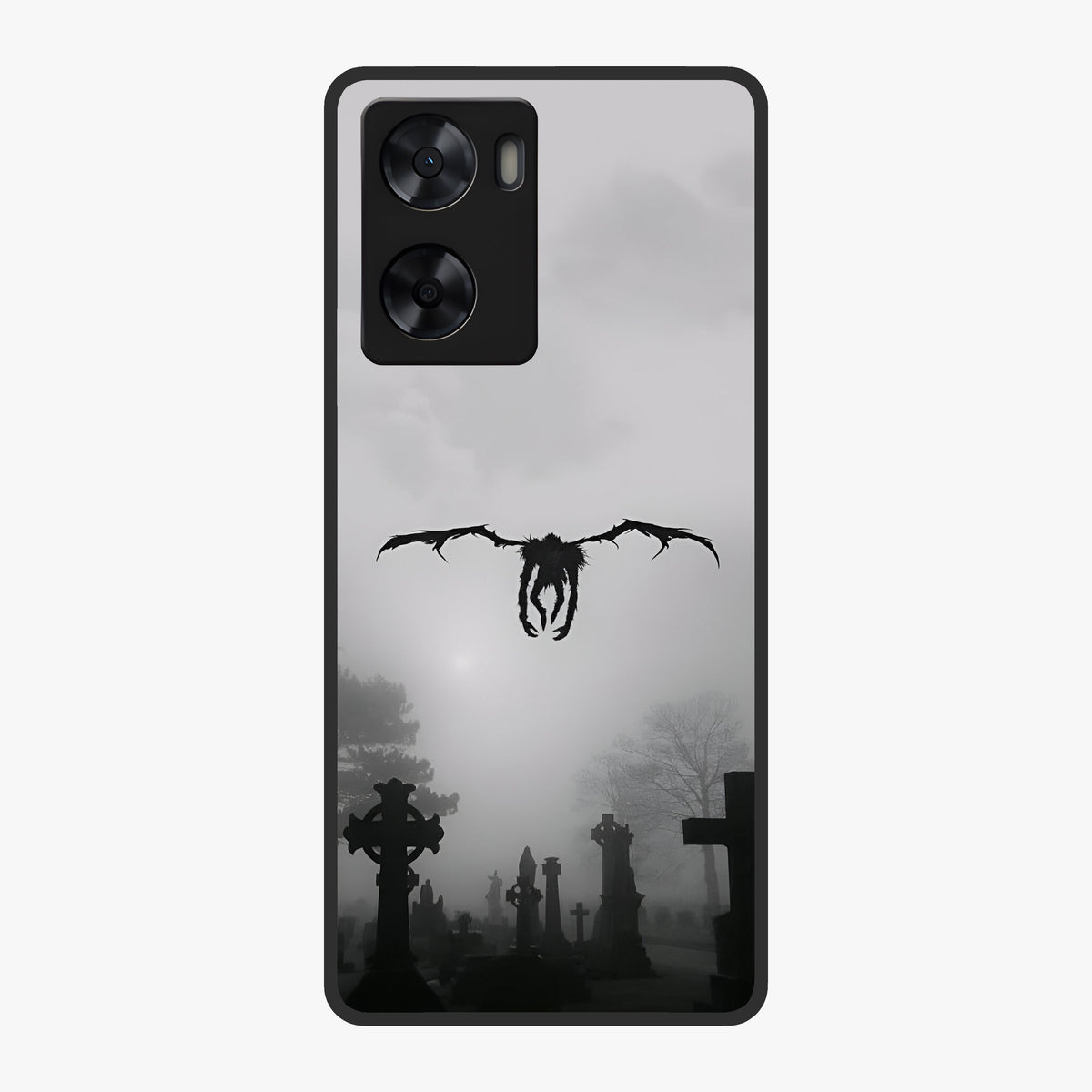 Graveyard Shadow Descent Glass Case showing flat back view with dark graveyard themed artwork and glossy glass finish.