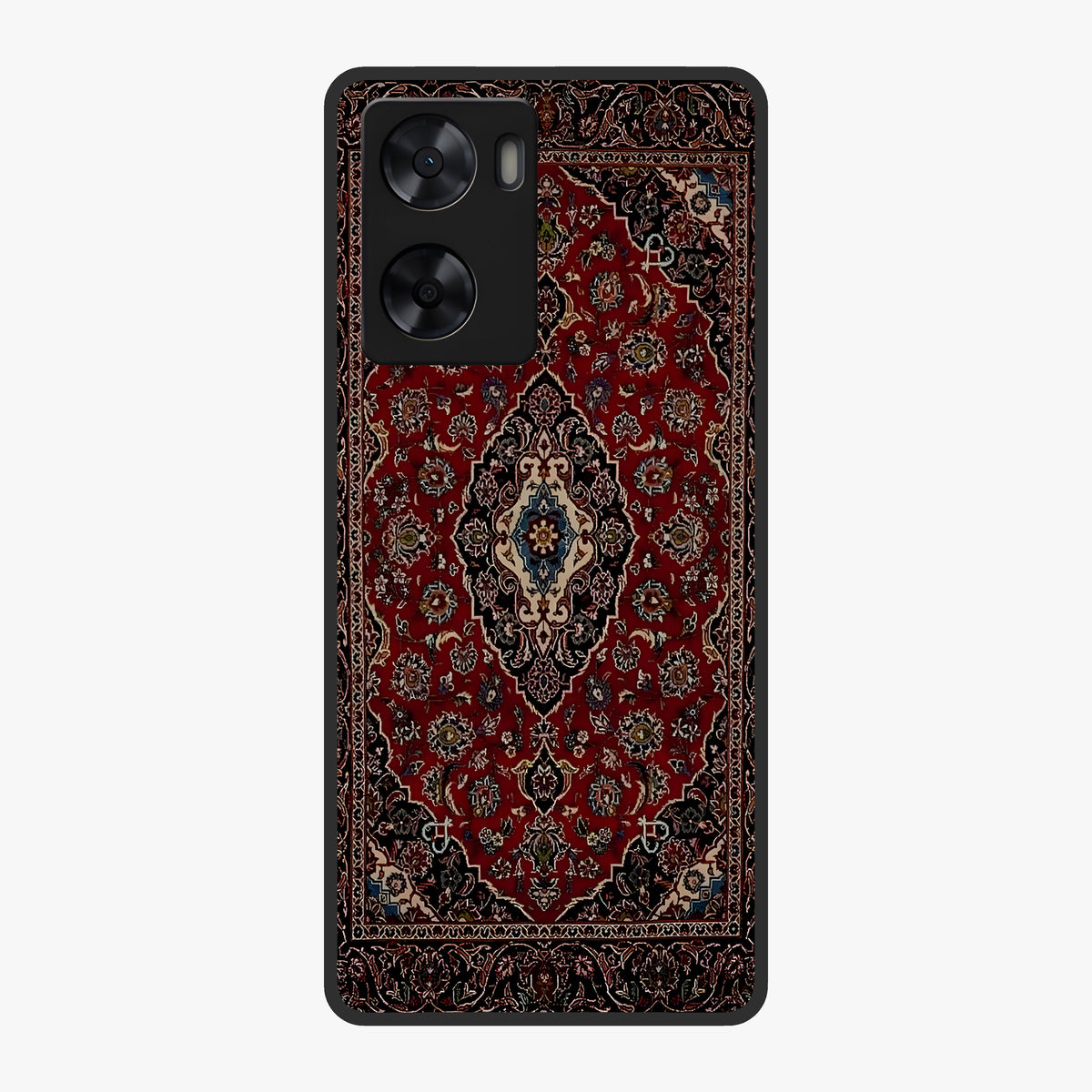 Heritage Carpet Royale Glass Case showing flat back view with ornate Persian carpet inspired pattern and glossy glass finish.