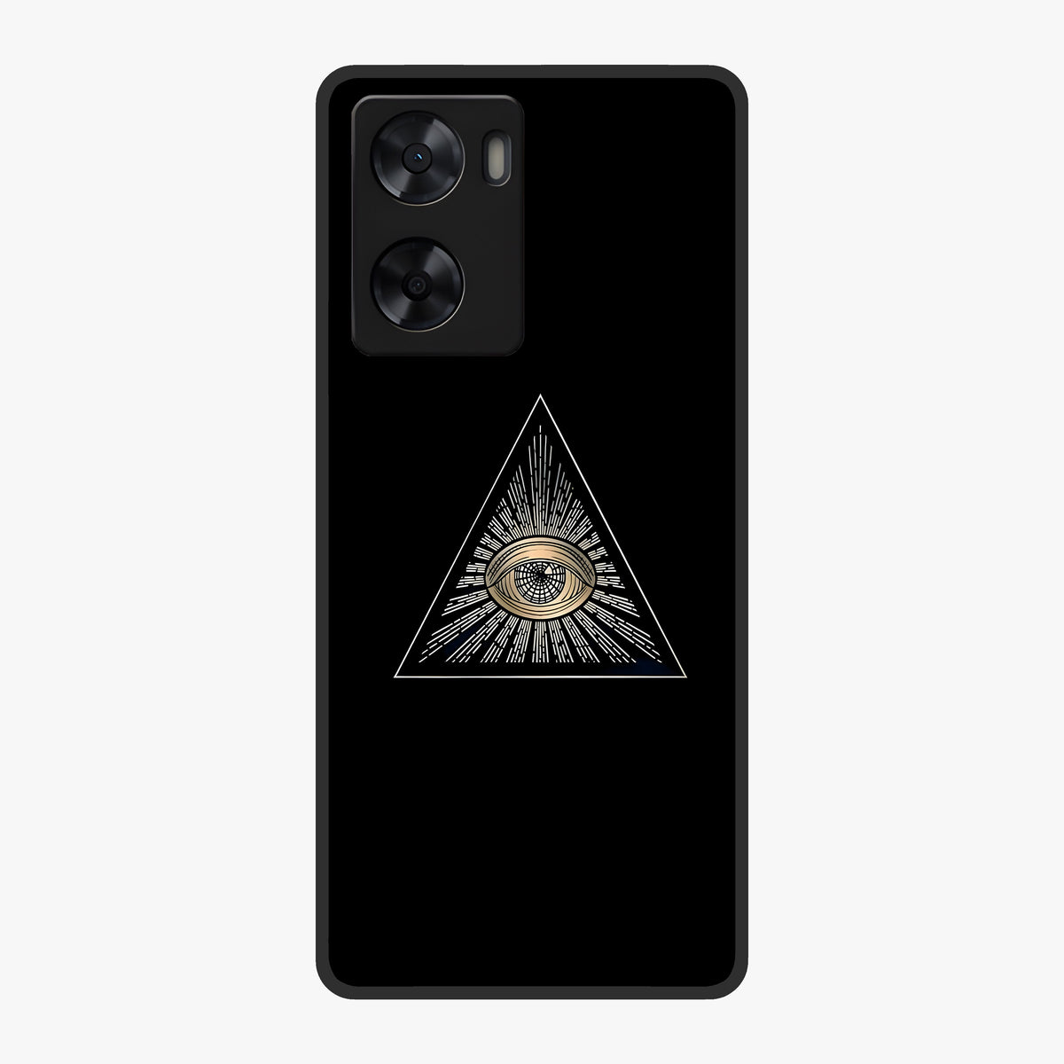 Illuminati Evil Glass Case showing flat back view with mysterious illuminati symbol artwork and glossy glass finish.