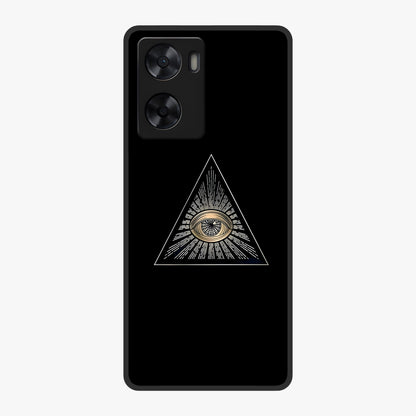 Illuminati Evil Glass Case showing flat back view with mysterious illuminati symbol artwork and glossy glass finish.
