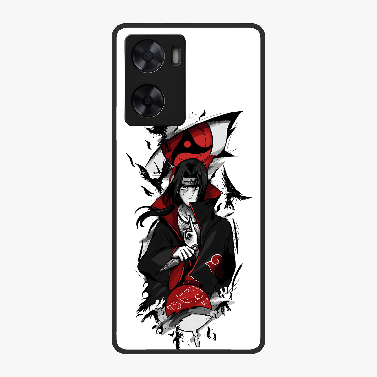 Itachi Sharingan Glass Case showing flat back view with powerful anime eye artwork and glossy glass finish.