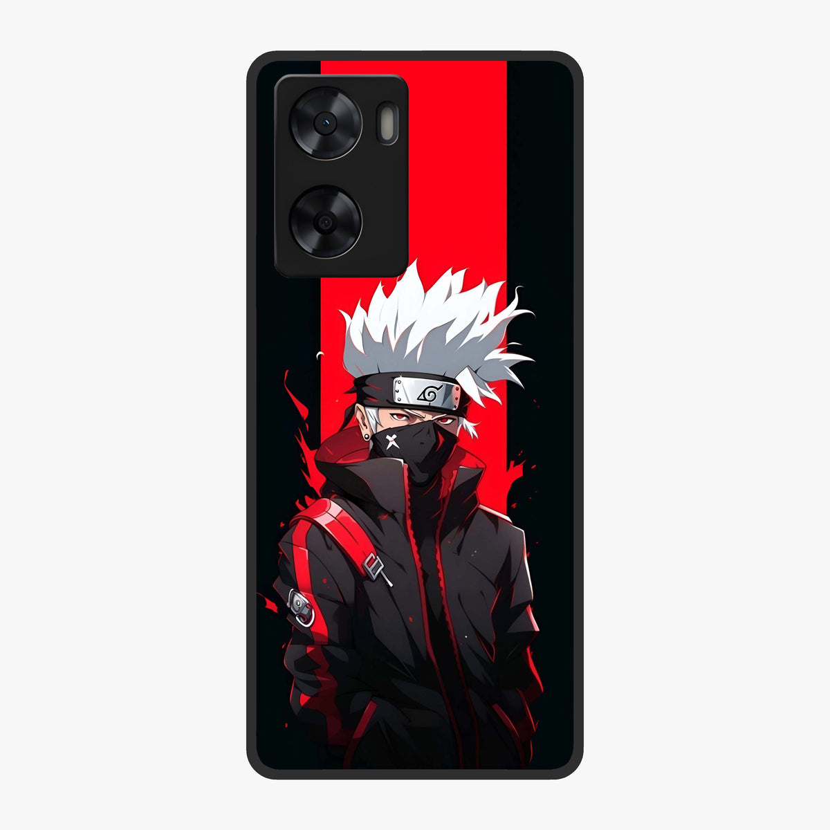 Kakashi Scarlet Shadow Glass Case showing flat back view with powerful anime ninja artwork and glossy glass finish.