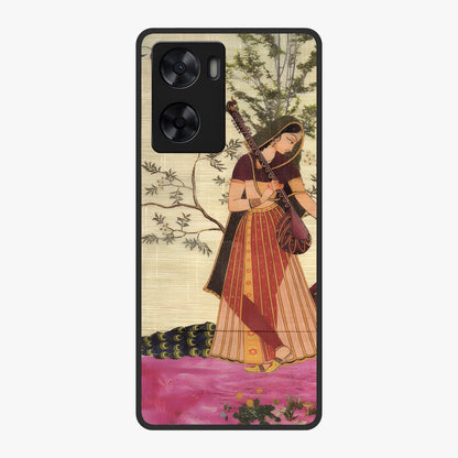 Lady With Veena Art Glass Case showing flat back view with elegant woman playing veena artwork and glossy glass finish.