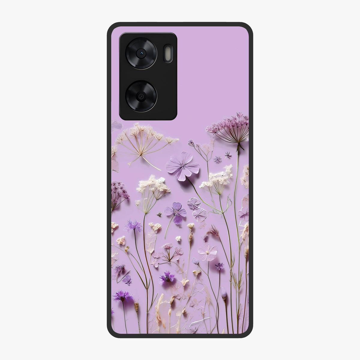 Lavender Blossom Dream Glass Case showing flat back view with soft lavender floral artwork and glossy glass finish.