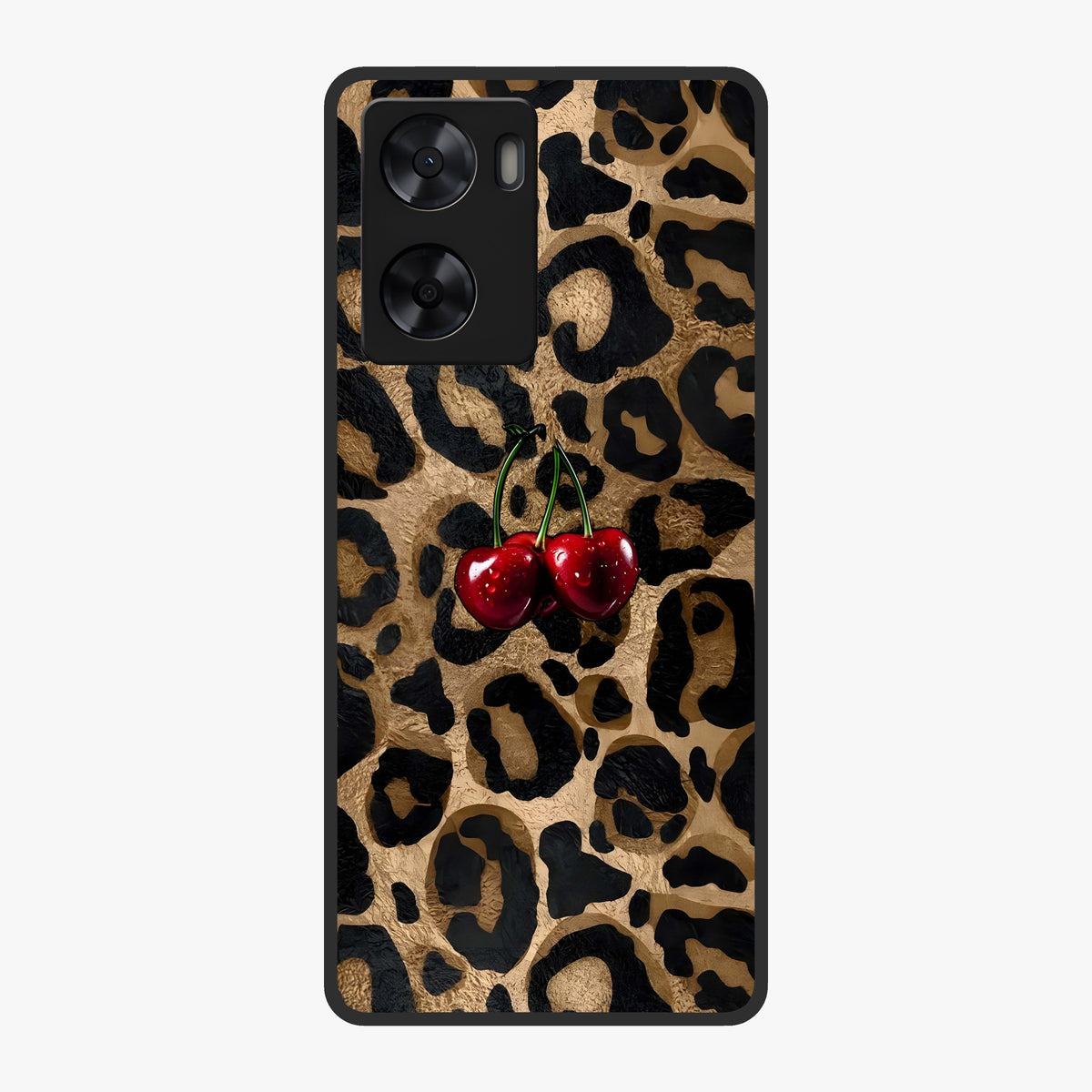 Leopard Wild Cherry Glass Case showing flat back view with leopard pattern and cherry artwork and glossy glass finish.