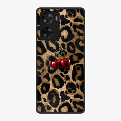 Leopard Wild Cherry Glass Case showing flat back view with leopard pattern and cherry artwork and glossy glass finish.