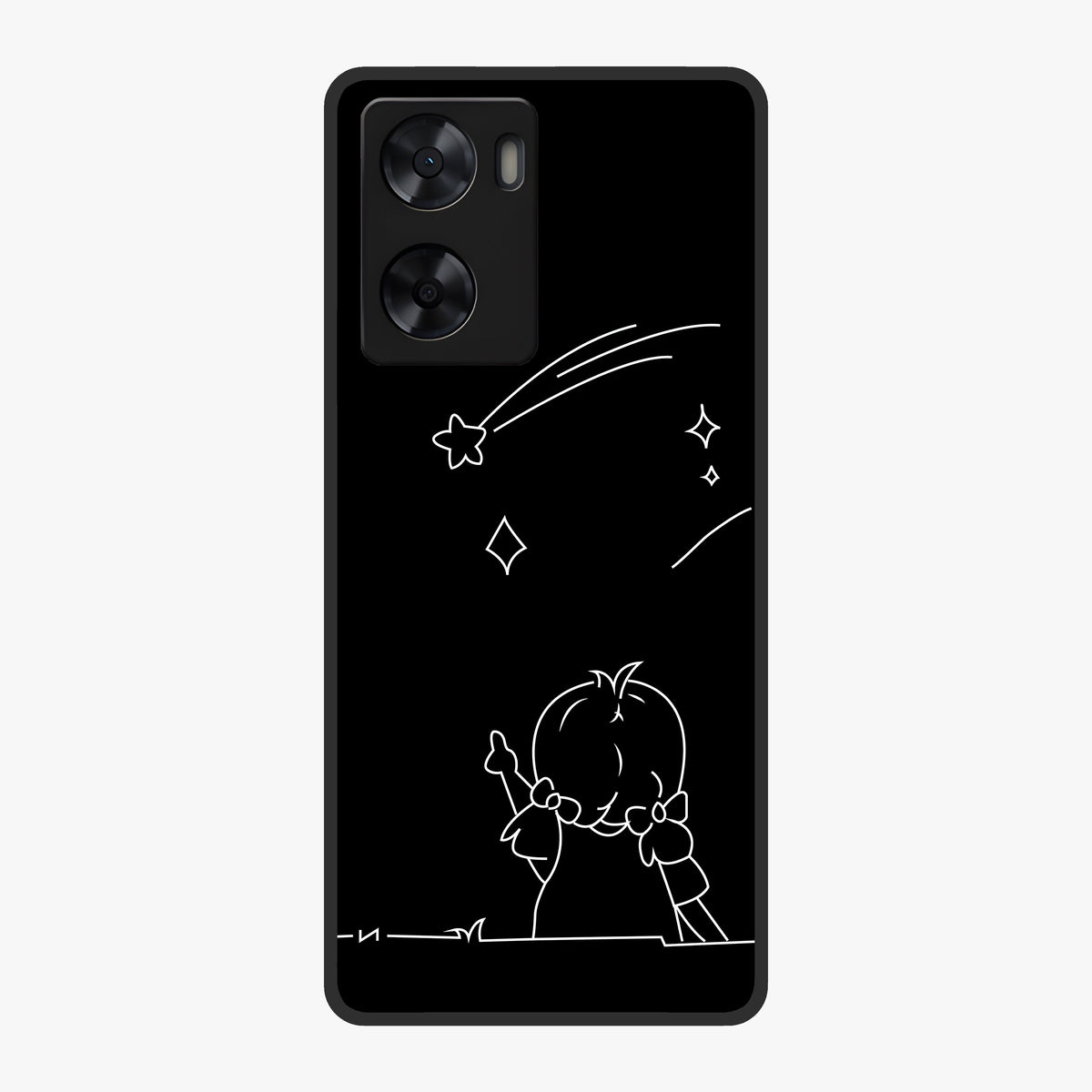 Line Art Girl With Shooting Stars Glass Case showing flat back view with minimal line art girl and shooting stars illustration and glossy glass finish.