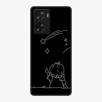 Line Art Girl With Shooting Stars Glass Case showing flat back view with minimal line art girl and shooting stars illustration and glossy glass finish.