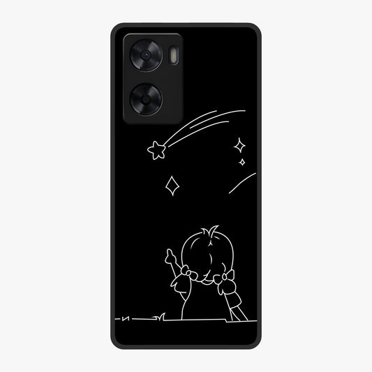 Line Art Girl With Shooting Stars Glass Case showing flat back view with minimal line art girl and shooting stars illustration and glossy glass finish.