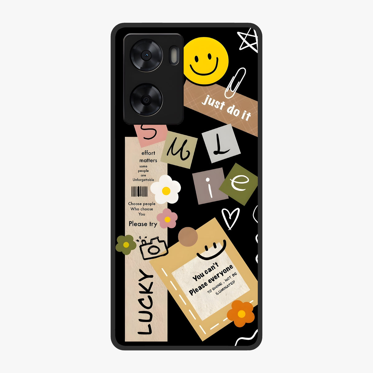 Lucky Aesthetic Collage Glass Case showing flat back view with trendy aesthetic collage artwork and glossy glass finish.