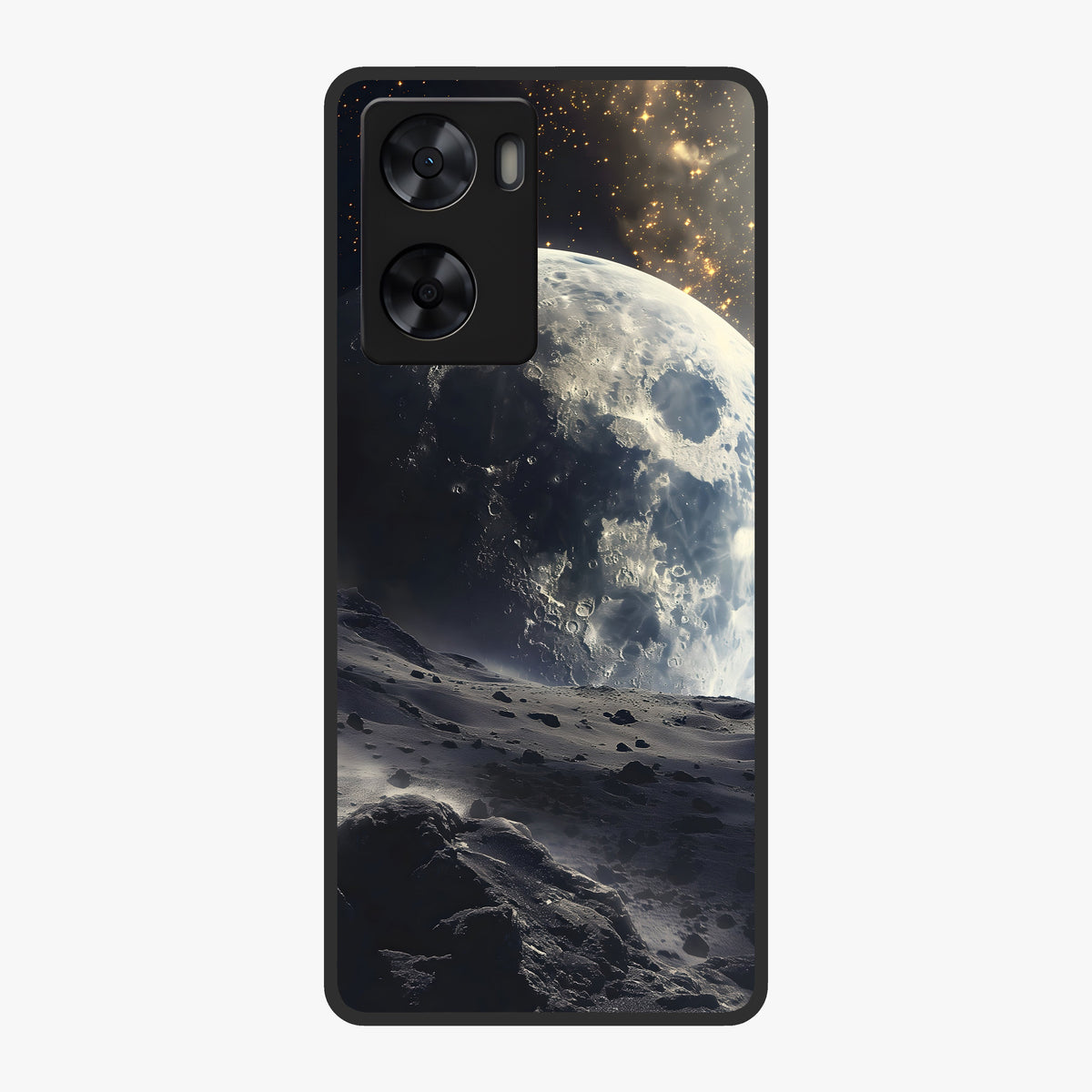 Lunar Horizon Glow Glass Case showing flat back view with glowing moon horizon artwork and glossy glass finish.