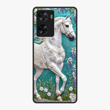 Majestic Floral Stallion Glass Case showing flat back view with powerful horse and floral artwork and glossy glass finish.