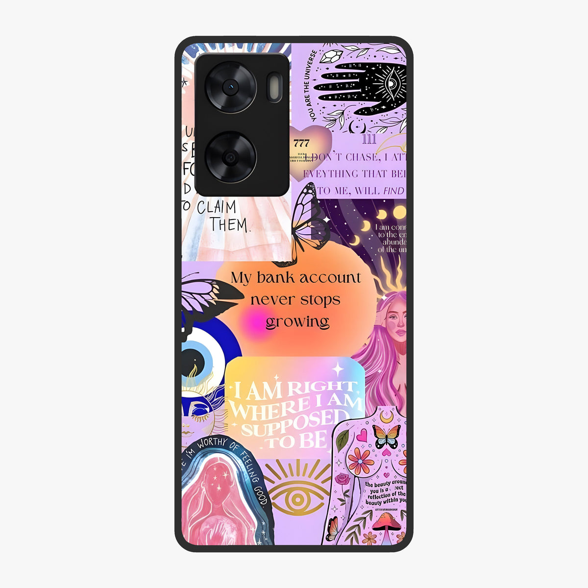 Manifestation Collage Glass Case showing flat back view with motivational collage artwork and glossy glass finish.