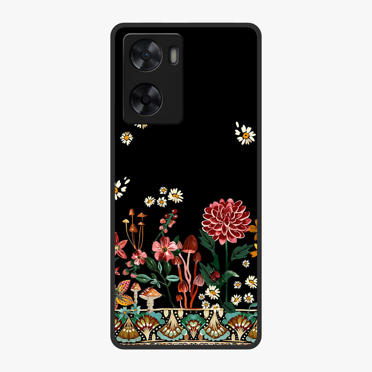 Midnight Bloom Pattern Glass Case showing flat back view with dark floral pattern artwork and glossy glass finish.