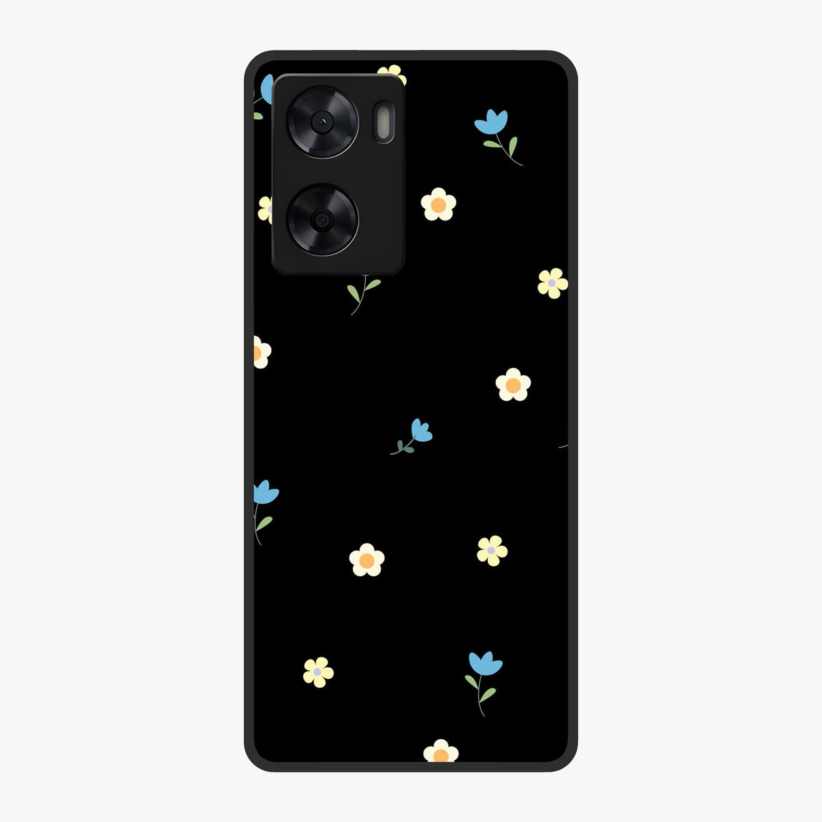Minimalistic Blue With White Flower Pattern Glass Case showing flat back view with blue background and white flower pattern and glossy glass finish.