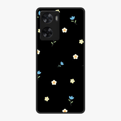 Minimalistic Blue With White Flower Pattern Glass Case showing flat back view with blue background and white flower pattern and glossy glass finish.