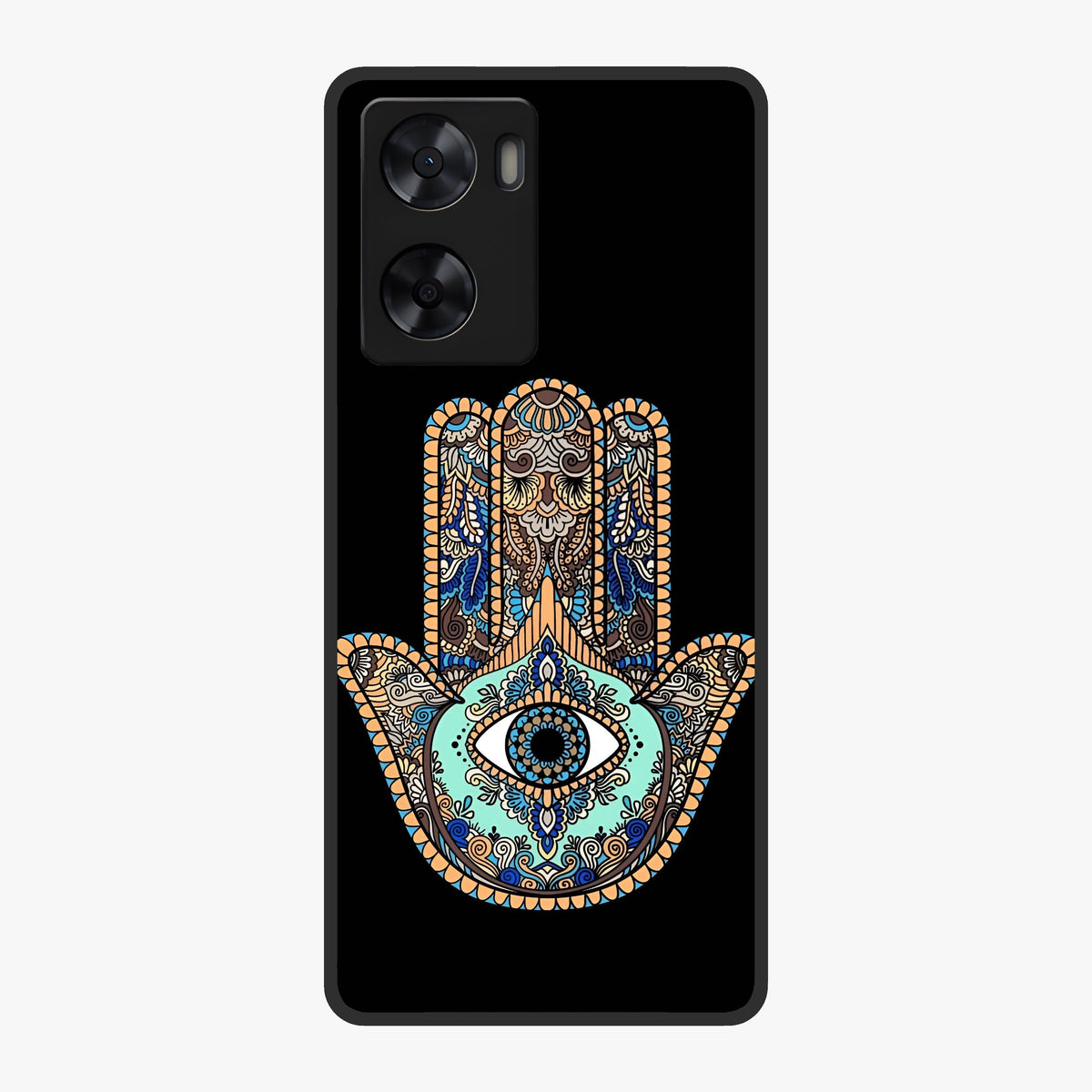 Mystic Hamsa Eye Glass Case showing flat back view with protective hamsa hand and evil eye artwork and glossy glass finish.