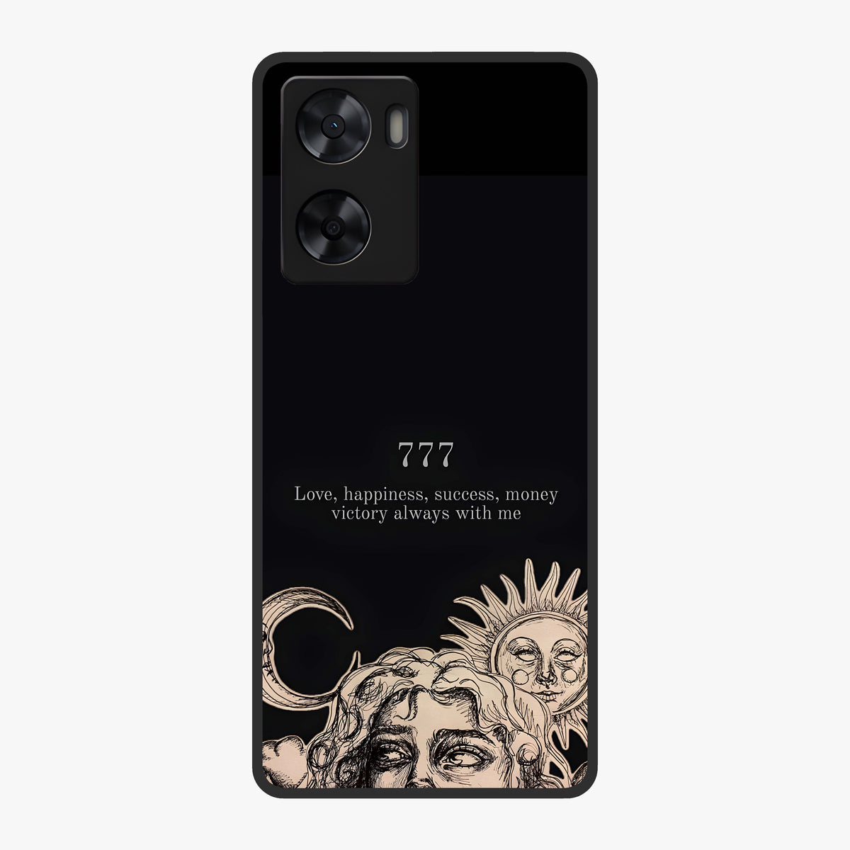 Mystic Victory Aura Glass Case showing flat back view with victory symbol artwork and glossy glass finish.
