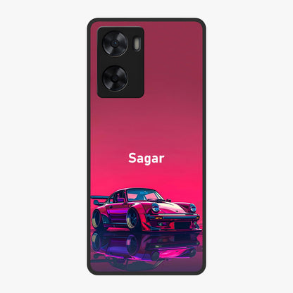 Neon Pink Porsche Glass Case showing flat back view with stylish sports car artwork and glossy glass finish.