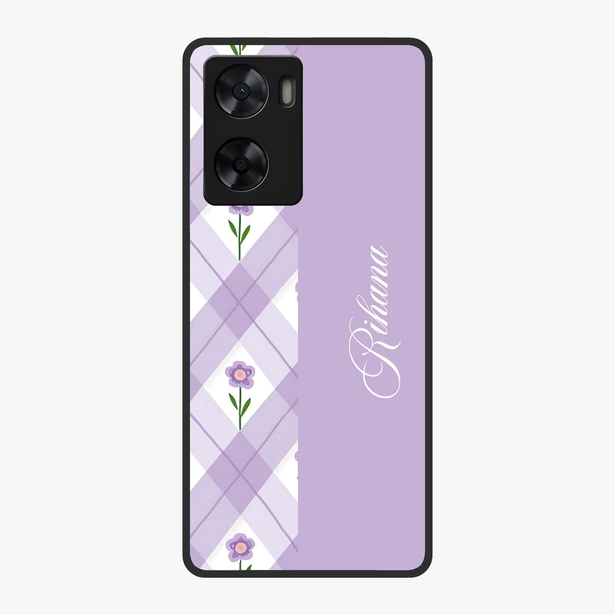 Purple Diamond Floral Glass Case showing flat back view with diamond shaped floral artwork and glossy glass finish.