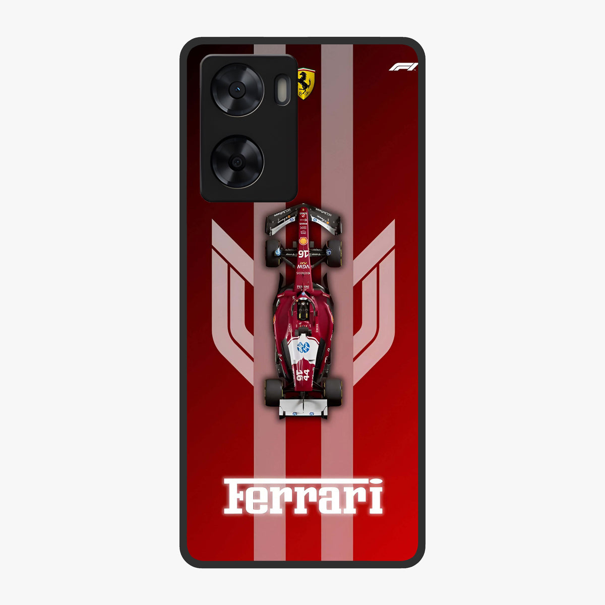Red Ferrari F1 Vertical Glass Case showing flat back view with sleek Formula racing car artwork and glossy glass finish.