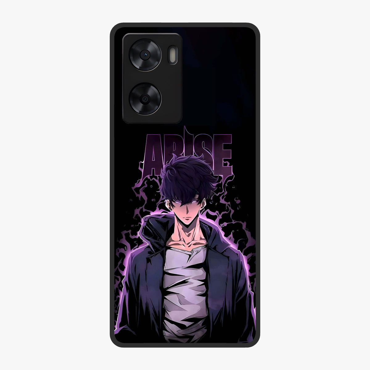 Shadow Monarch Awakening Glass Case showing flat back view with powerful dark monarch themed artwork and glossy glass finish.