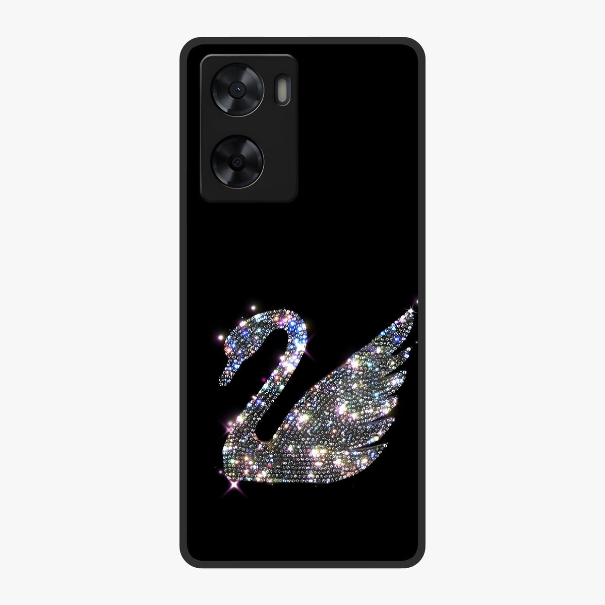 Starlit Swan Grace Glass Case showing flat back view with graceful swan artwork under starry sky and glossy glass finish.