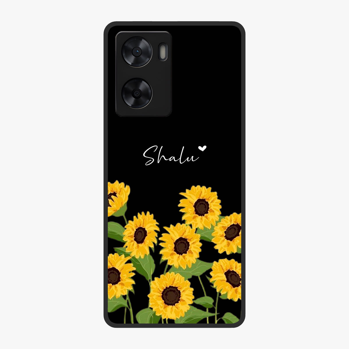 Sunflower Chic Mood Custom Name Glass Case showing flat back view with stylish sunflower artwork and personalized name design.