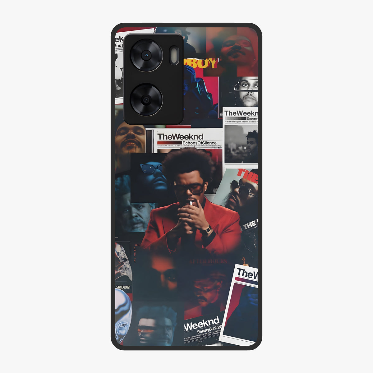 The Weeknd Glass Case showing flat back view with music inspired artistic portrait artwork and glossy glass finish.