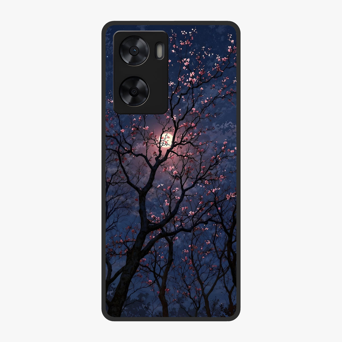 Twilight Sakura Serenade Glass Case showing flat back view with cherry blossom artwork at twilight and glossy glass finish.