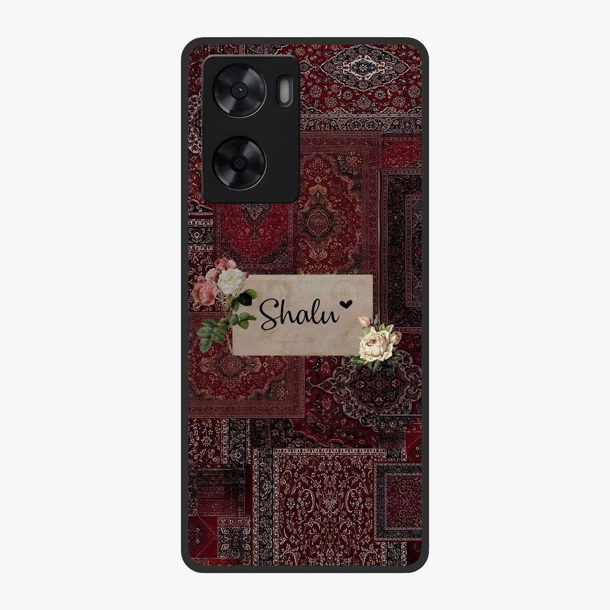 Velvet Wine Pattern Custom Name Glass Case showing flat back view with elegant wine colored pattern artwork and personalized name design.