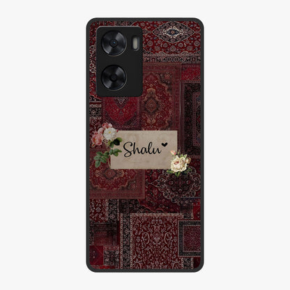 Velvet Wine Pattern Custom Name Glass Case showing flat back view with elegant wine colored pattern artwork and personalized name design.