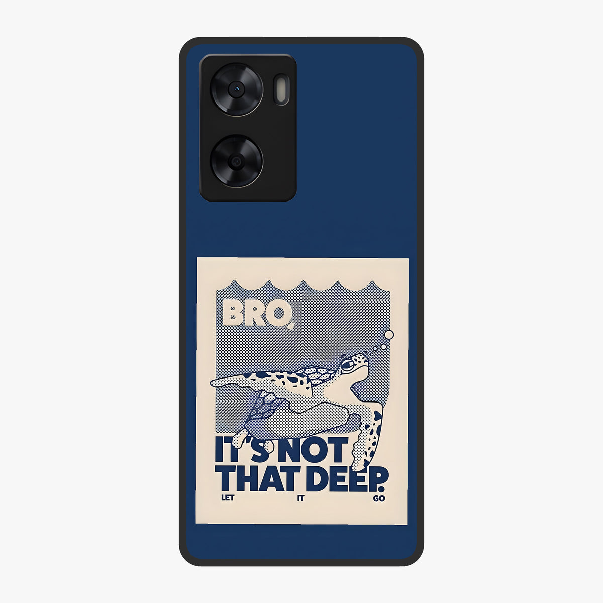Worry Less Swim Glass Case showing flat back view with playful motivational artwork and glossy glass finish.