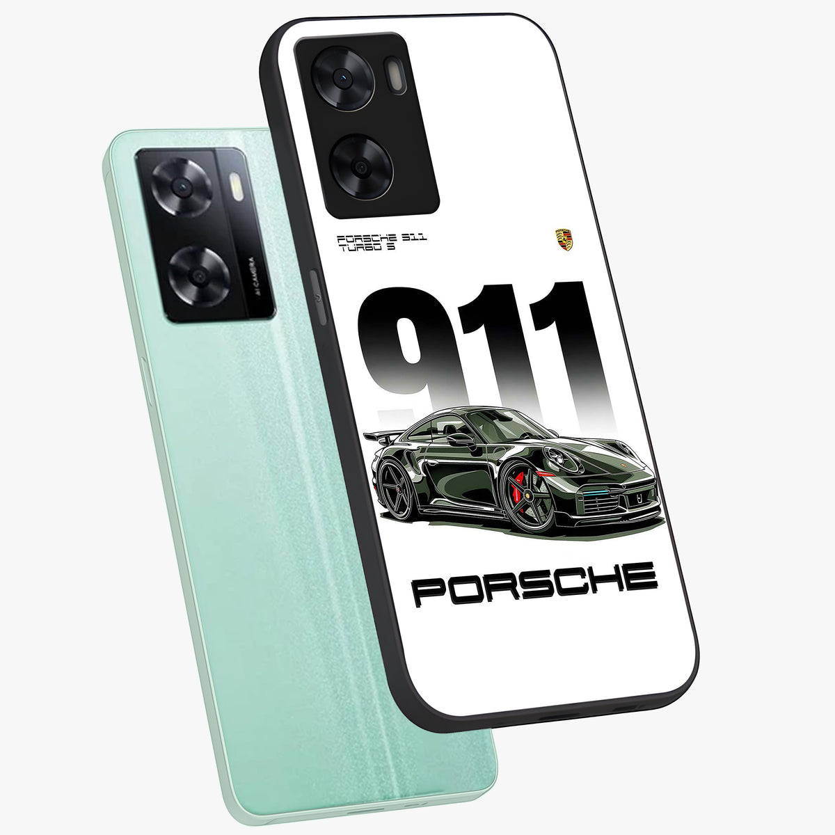 911 Turbo Dominance Glass Case displayed in premium angled mockup highlighting sporty car illustration and sleek glass surface.