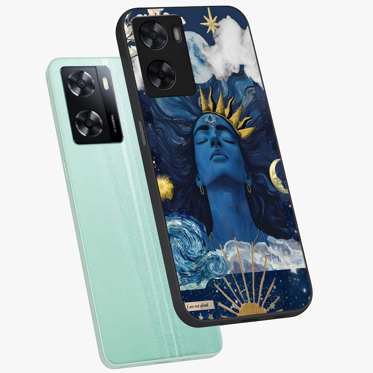 Aesthetic Lord Shiva Glass Case displayed in angled mockup highlighting spiritual Shiva illustration and sacred aesthetic design.